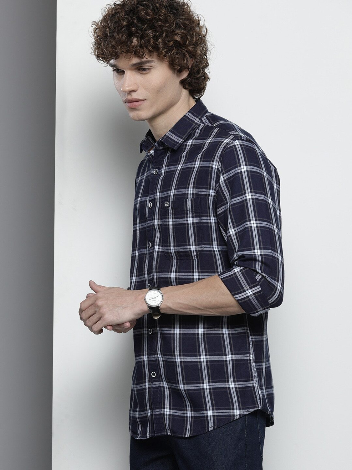Image of The Indian Garage Co. Men Checkered Casual Dark Blue Shirt