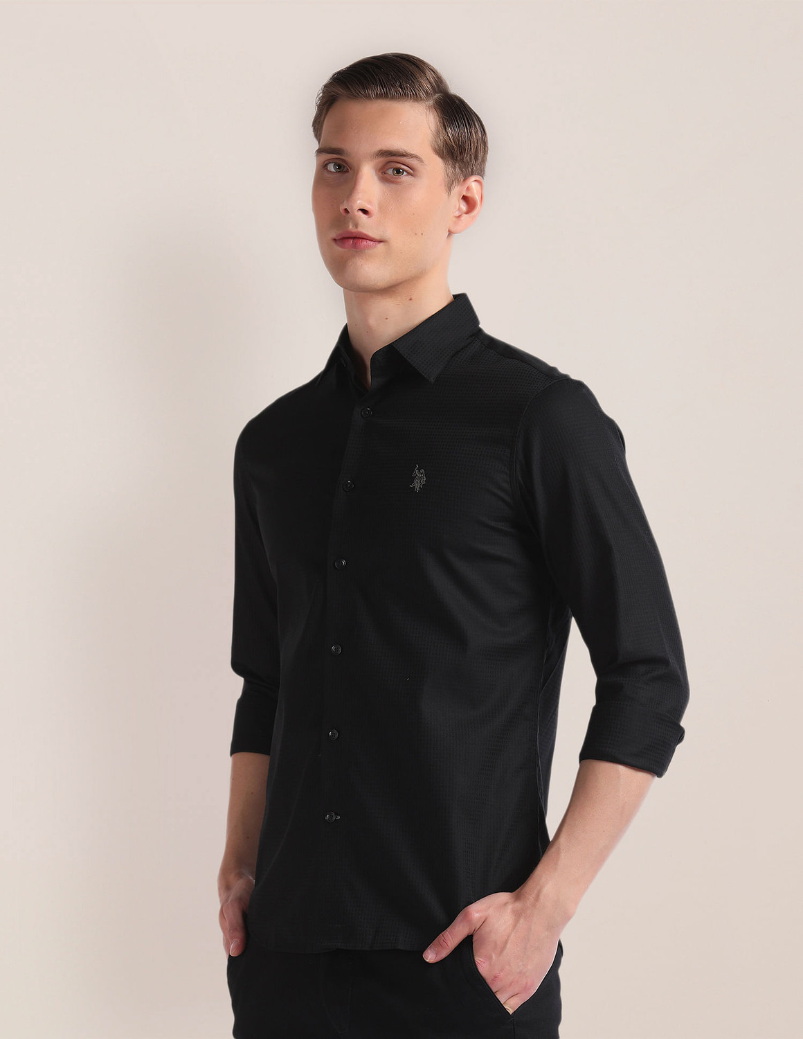 Image of U.S. POLO ASSN. Men Solid Casual Black Shirt