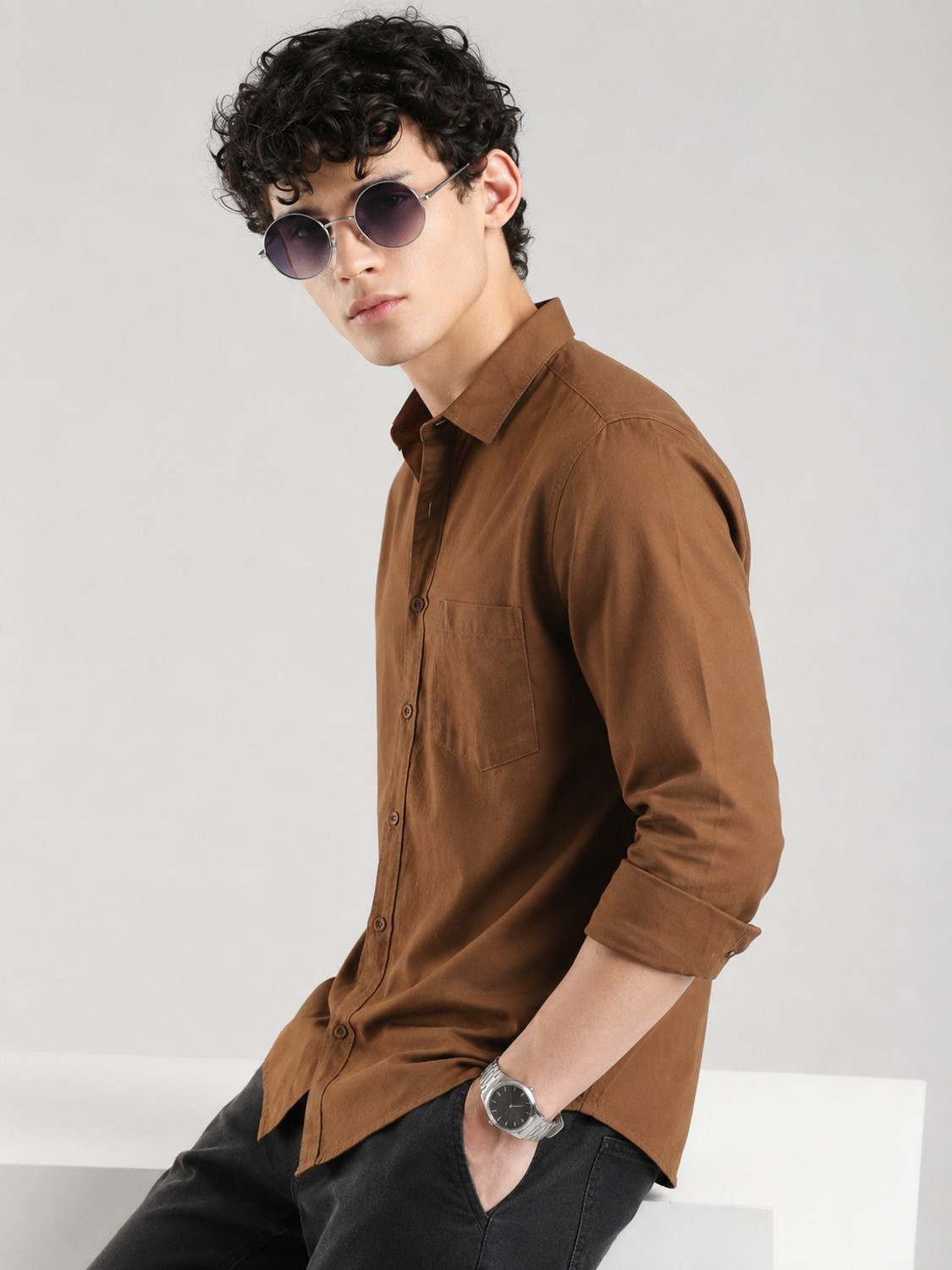 Image of Roadster Men Solid Casual Brown Shirt