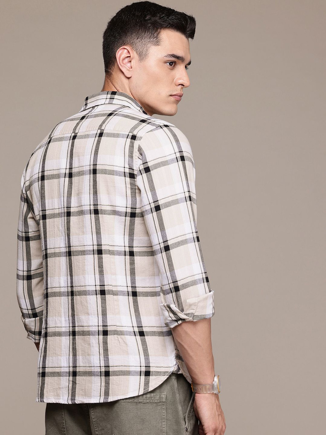 Image of Roadster Men Checkered Casual Beige Shirt