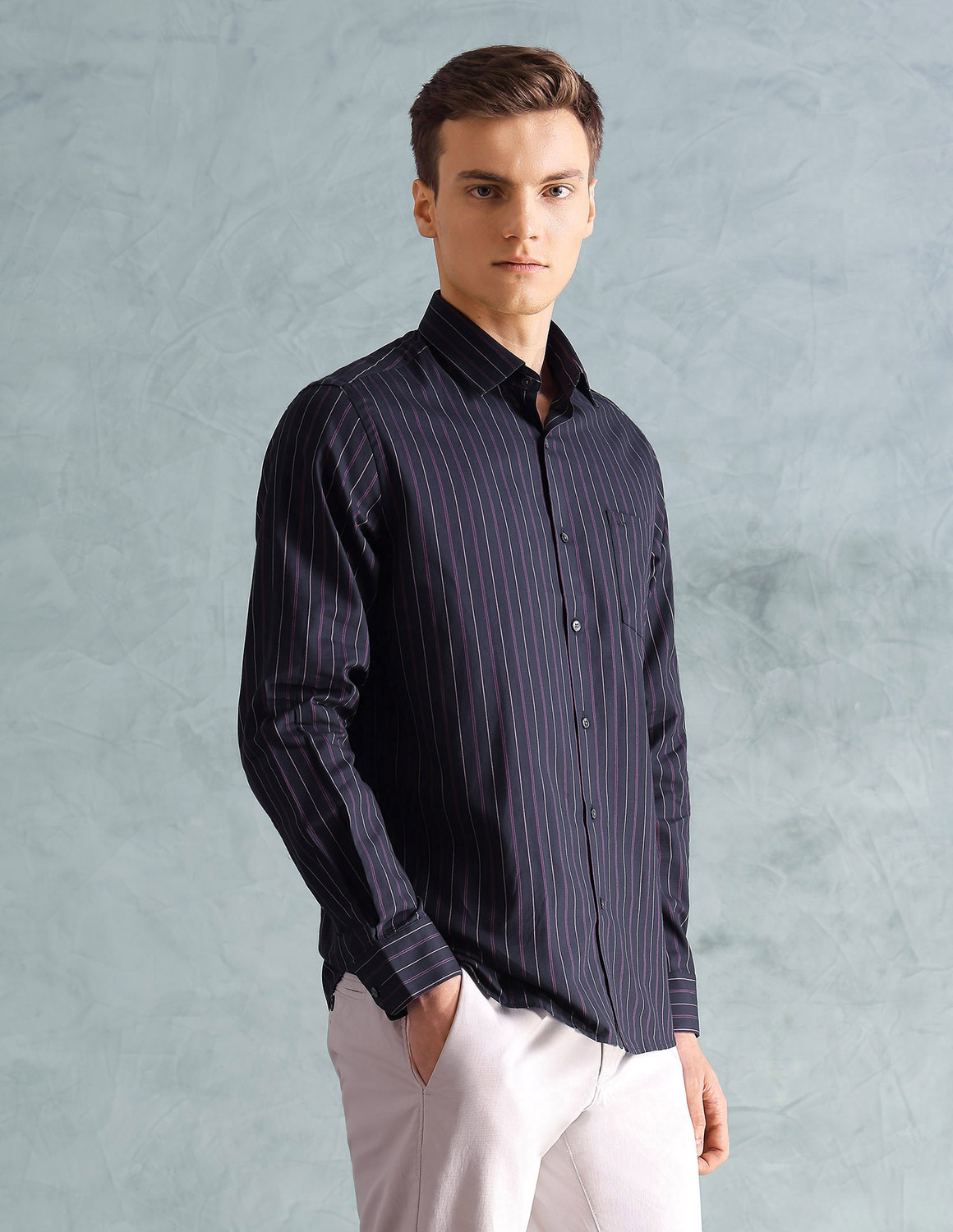 Image of ARROW Men Striped Formal Blue Shirt