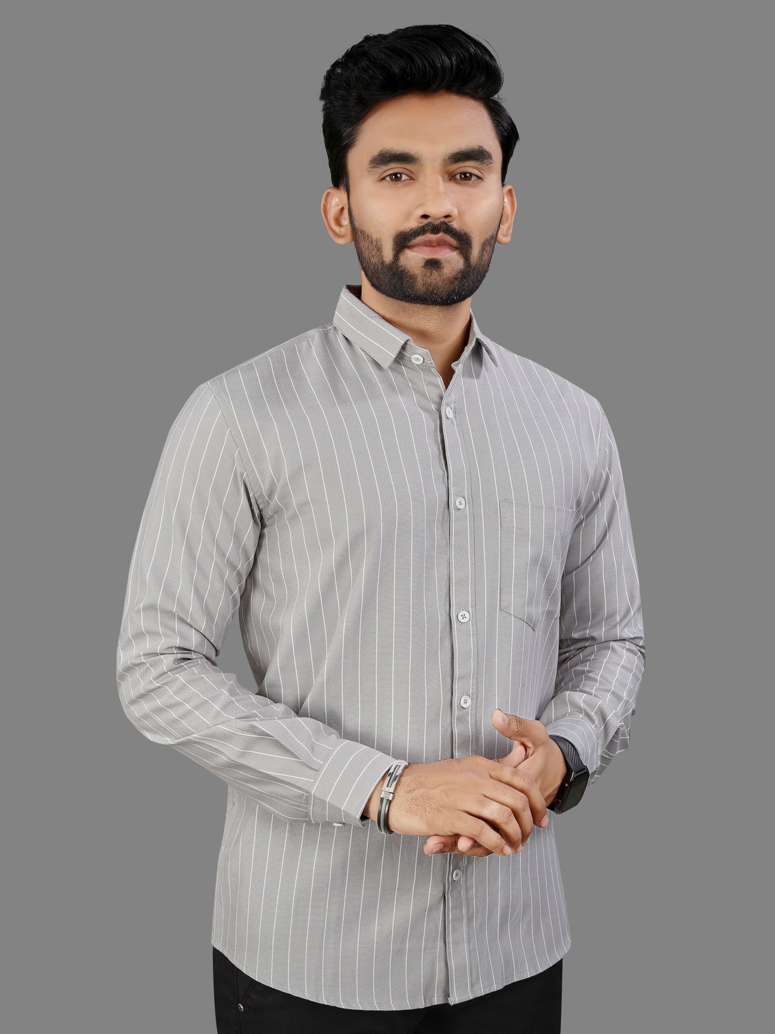 Image of MILDIN Men Striped Formal Grey Shirt