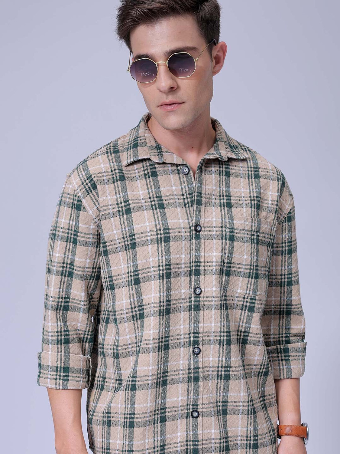 Image of The Indian Garage Co. Men Checkered Beach Wear Green Shirt