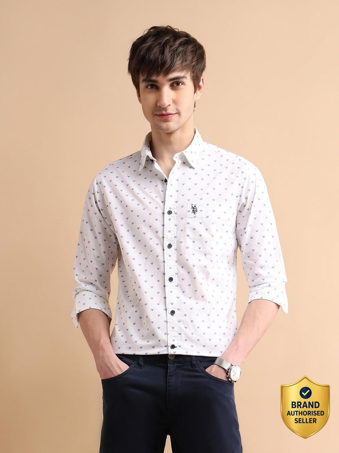 Image of U.S. POLO ASSN. Men Printed Casual White Shirt