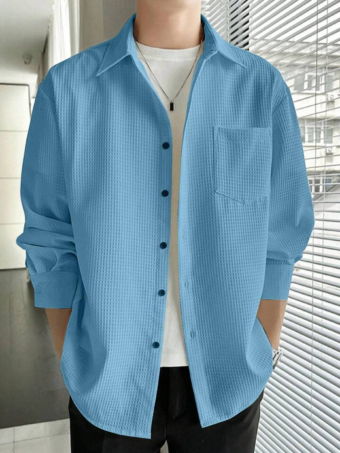 BONDEYE FASHION Men Self Design Casual Light Blue Shirt