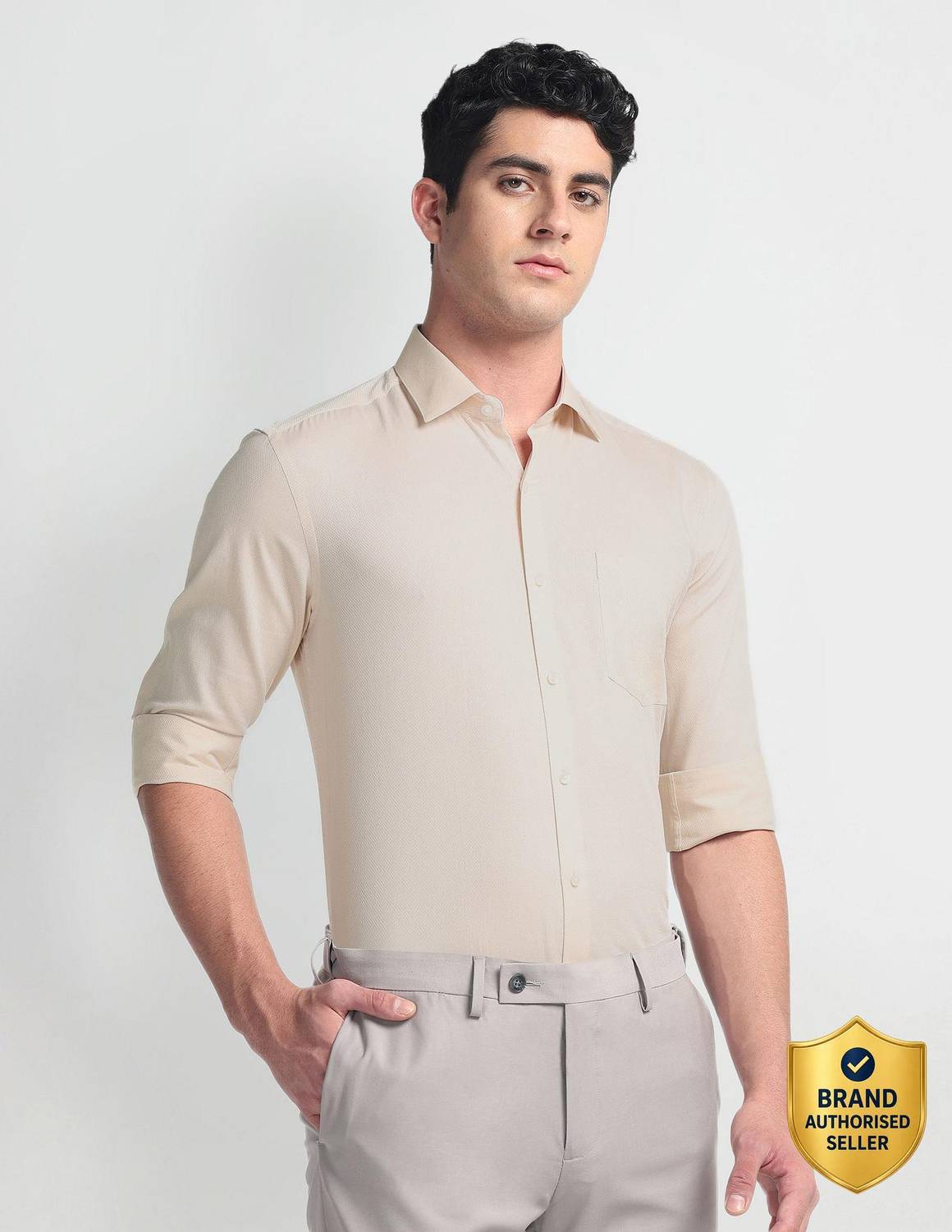 ARROW Men Self Design Casual Cream Shirt