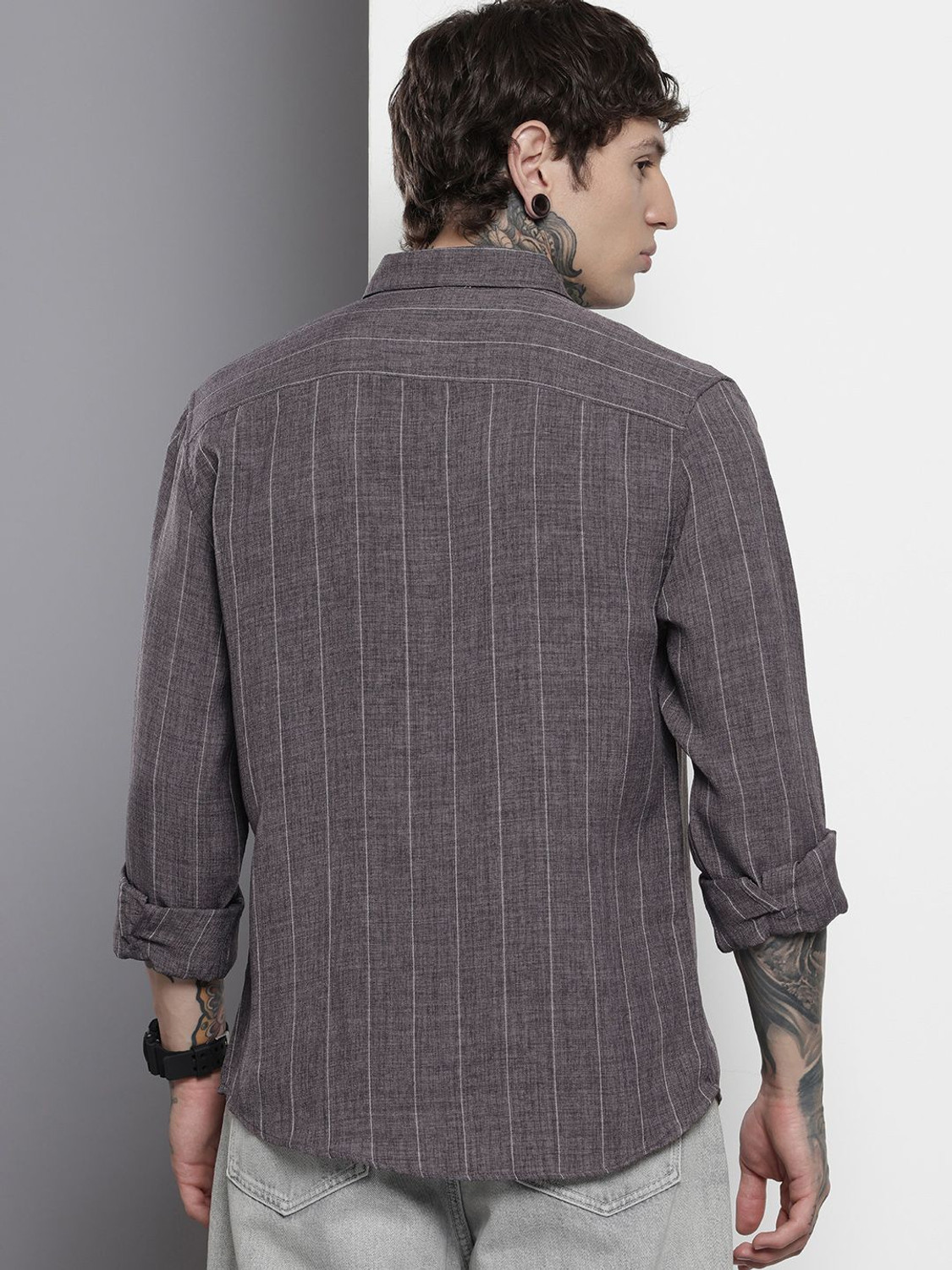 Image of The Indian Garage Co. Men Striped Casual Grey Shirt