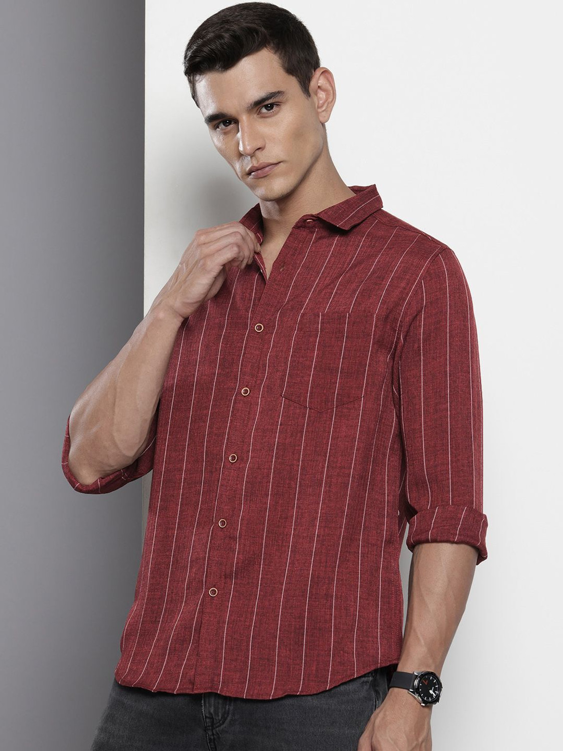 Image of The Indian Garage Co. Men Striped Casual Maroon Shirt