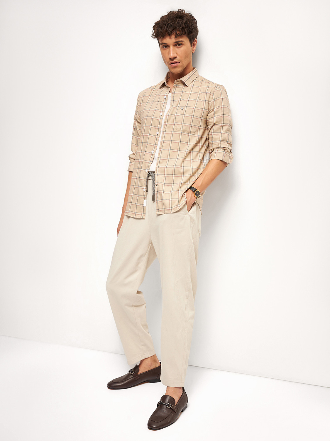 Image of THE BEAR HOUSE Men Checkered Casual Beige Shirt