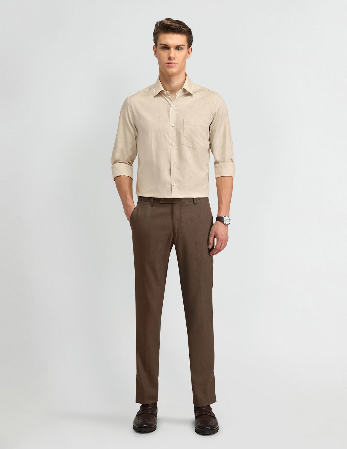 Image of ARROW Men Printed Formal Beige Shirt