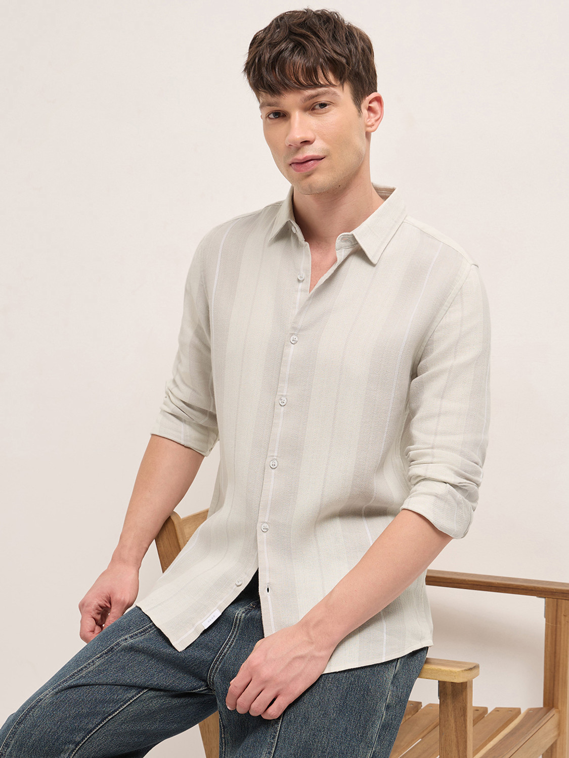 Image of THE BEAR HOUSE Men Striped Casual Green Shirt