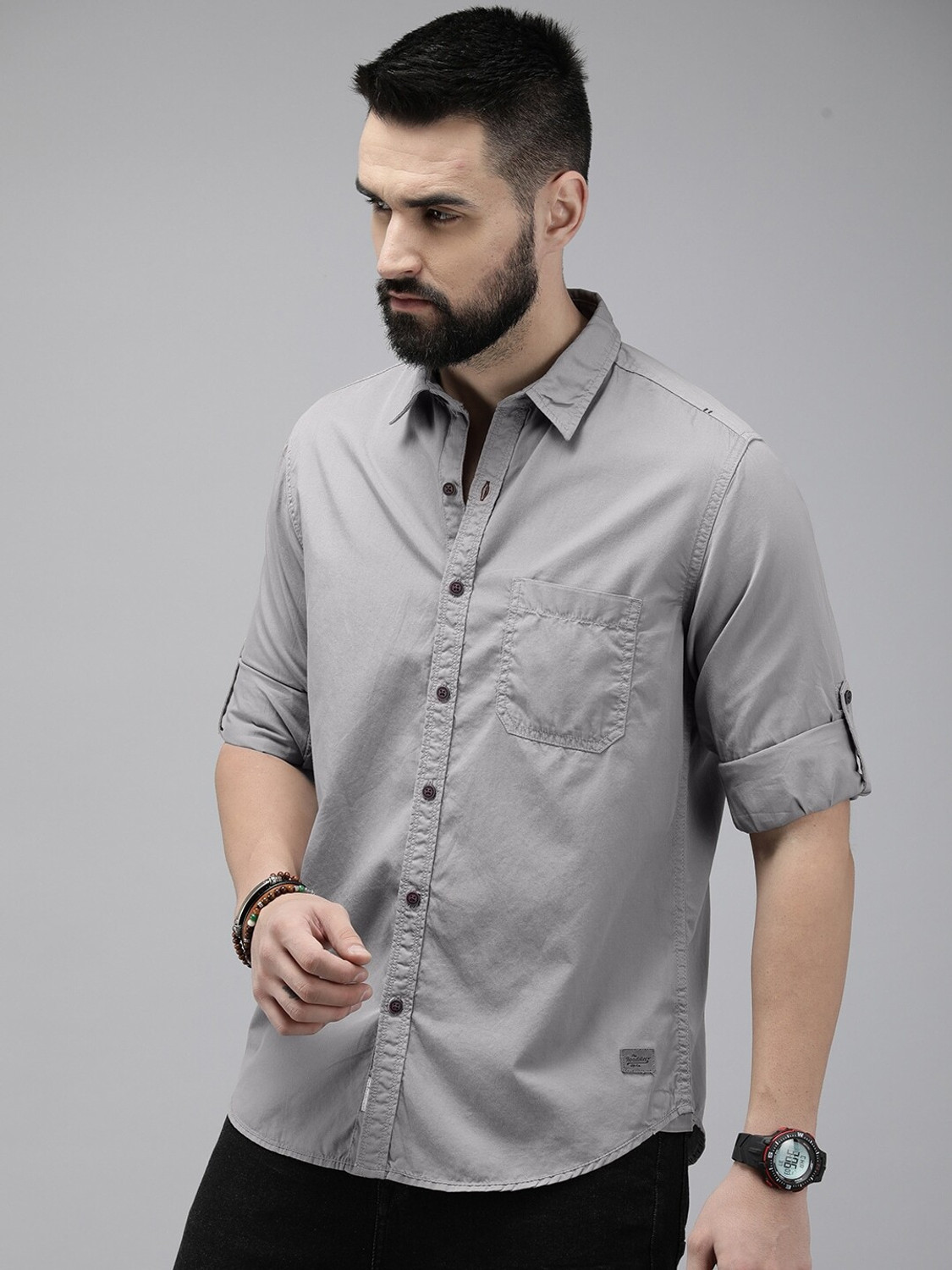 Image of Roadster Men Solid Casual Grey Shirt