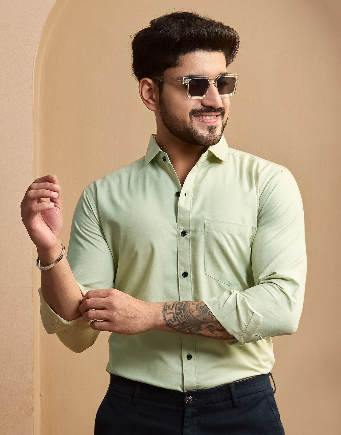 Image of STONEBERG Men Solid Formal Light Green Shirt