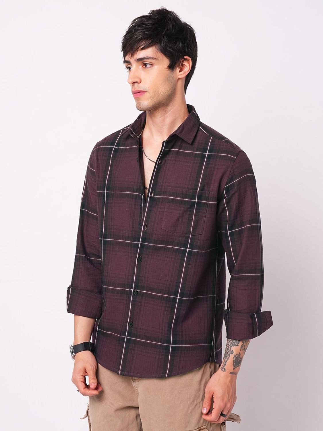 Image of VASTRADO Men Checkered Casual Purple Shirt