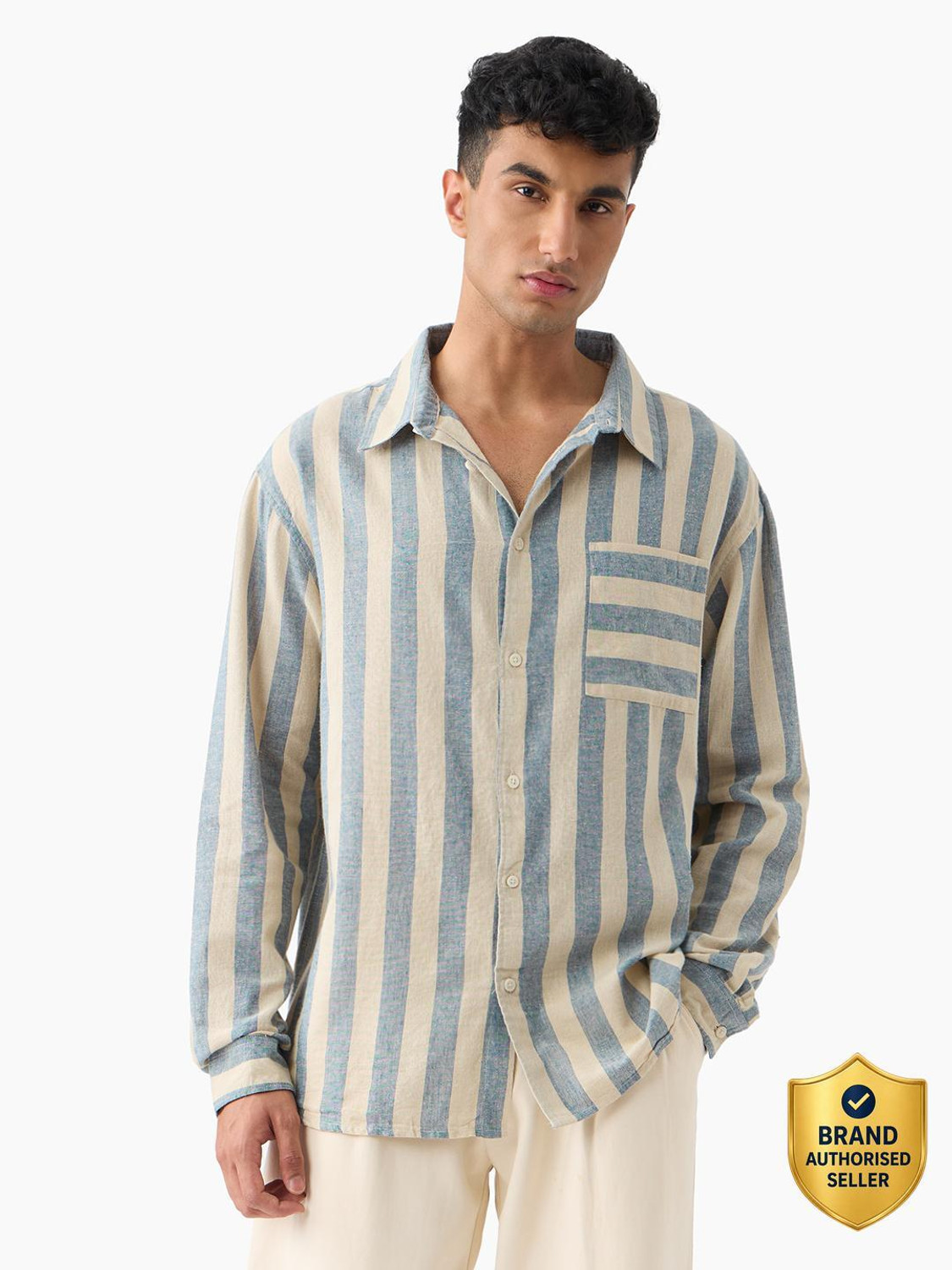 Image of The Souled Store Men Striped Casual Beige Shirt
