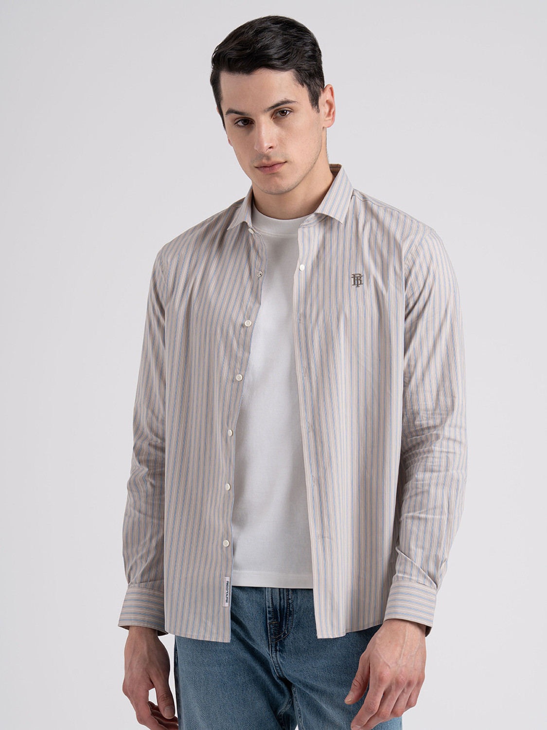 Image of RED TAPE Men Striped Casual Beige Shirt