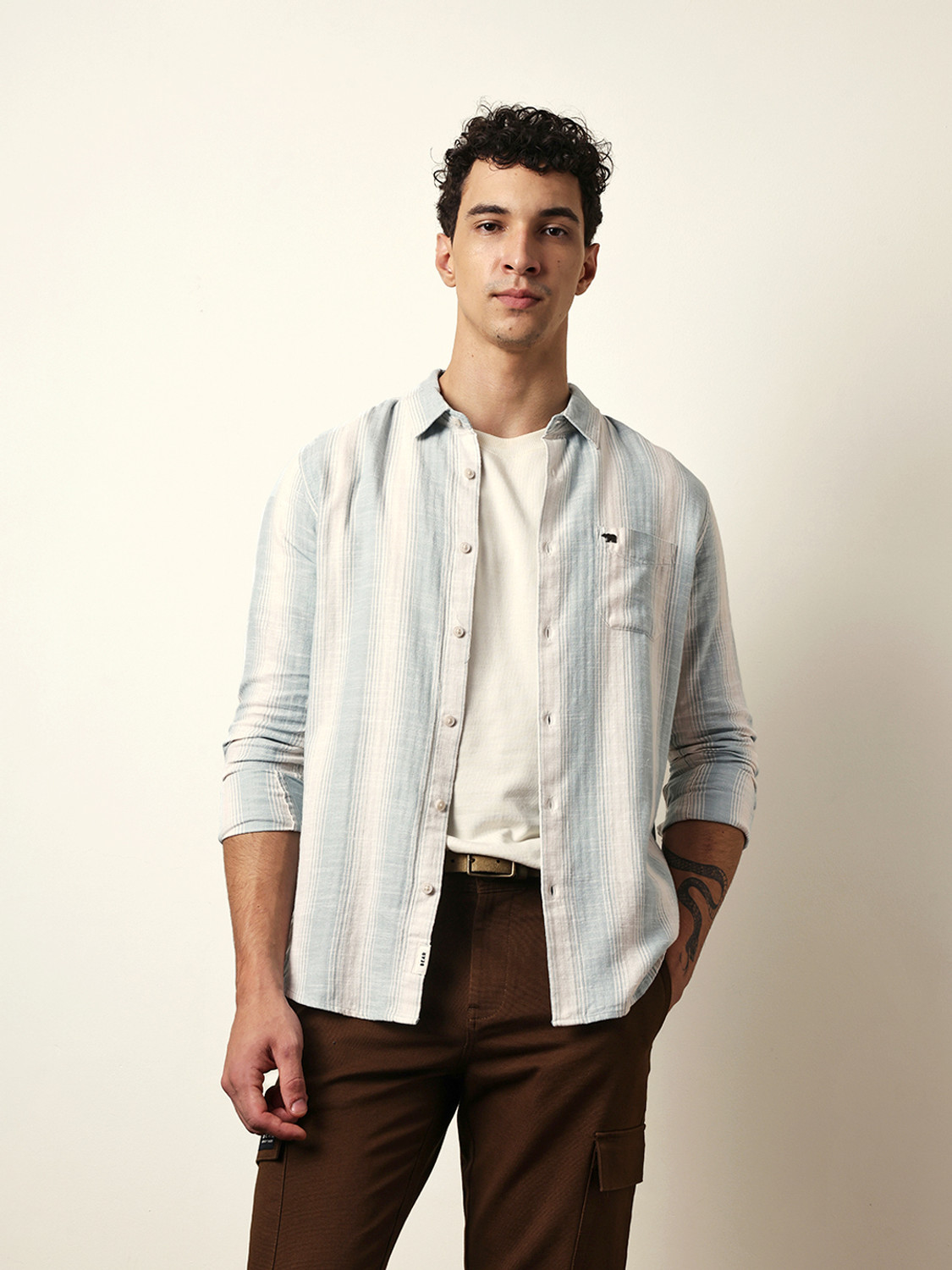 Image of THE BEAR HOUSE Men Striped Casual Green Shirt