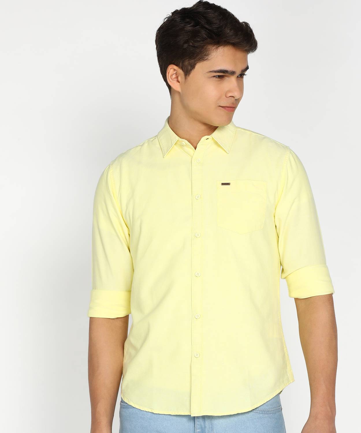 abof by Aditya Birla Men Solid Casual Yellow Shirt