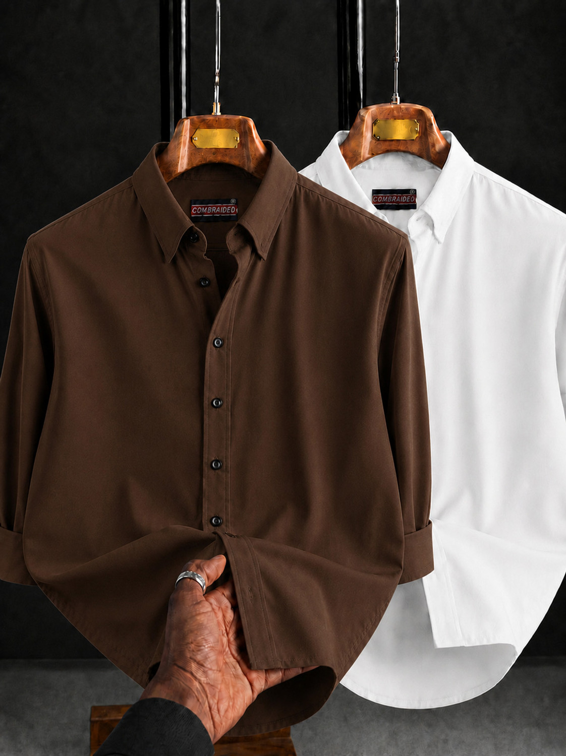 Image of JACKBELLA Men Solid Casual Brown, White Shirt