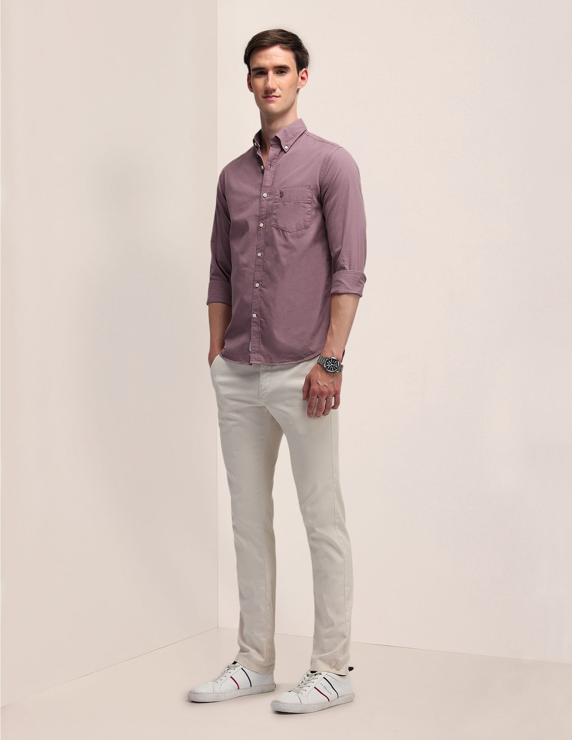 Image of U.S. POLO ASSN. Men Solid Casual Pink Shirt