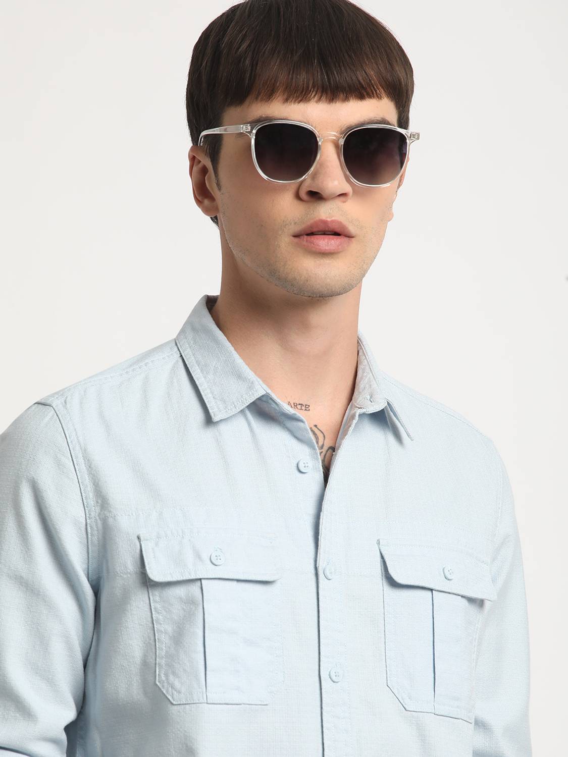 THE BEAR HOUSE Men Solid Casual Light Blue Shirt