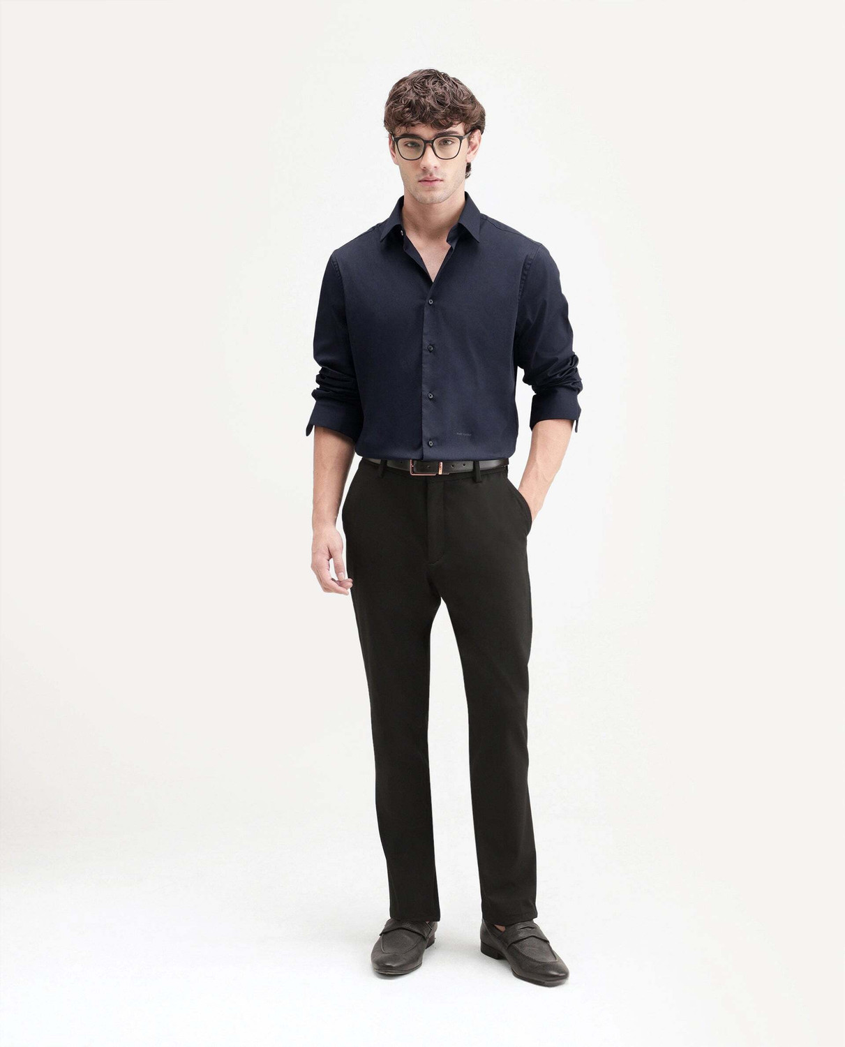 Image of RARE RABBIT Men Solid Casual Dark Blue Shirt