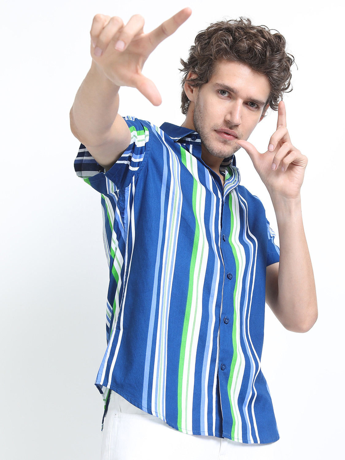 Image of HIGHLANDER Men Striped Casual Blue Shirt