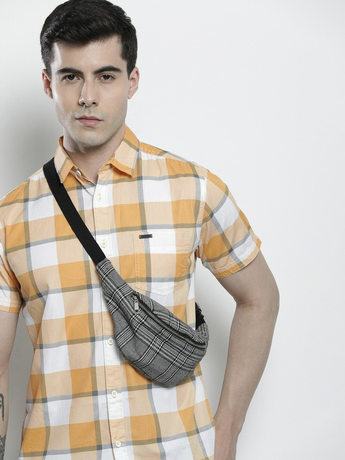 Image of The Indian Garage Co. Men Checkered Casual Yellow Shirt