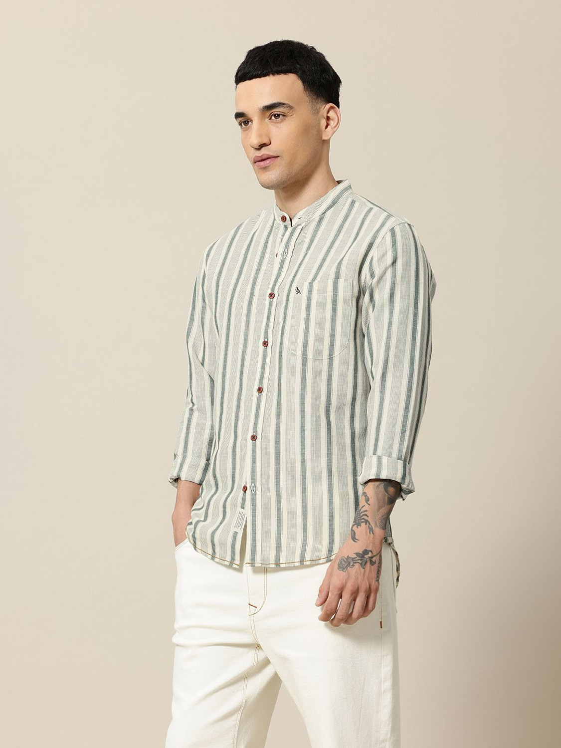 Image of Mr Bowerbird Men Striped Casual Beige Shirt