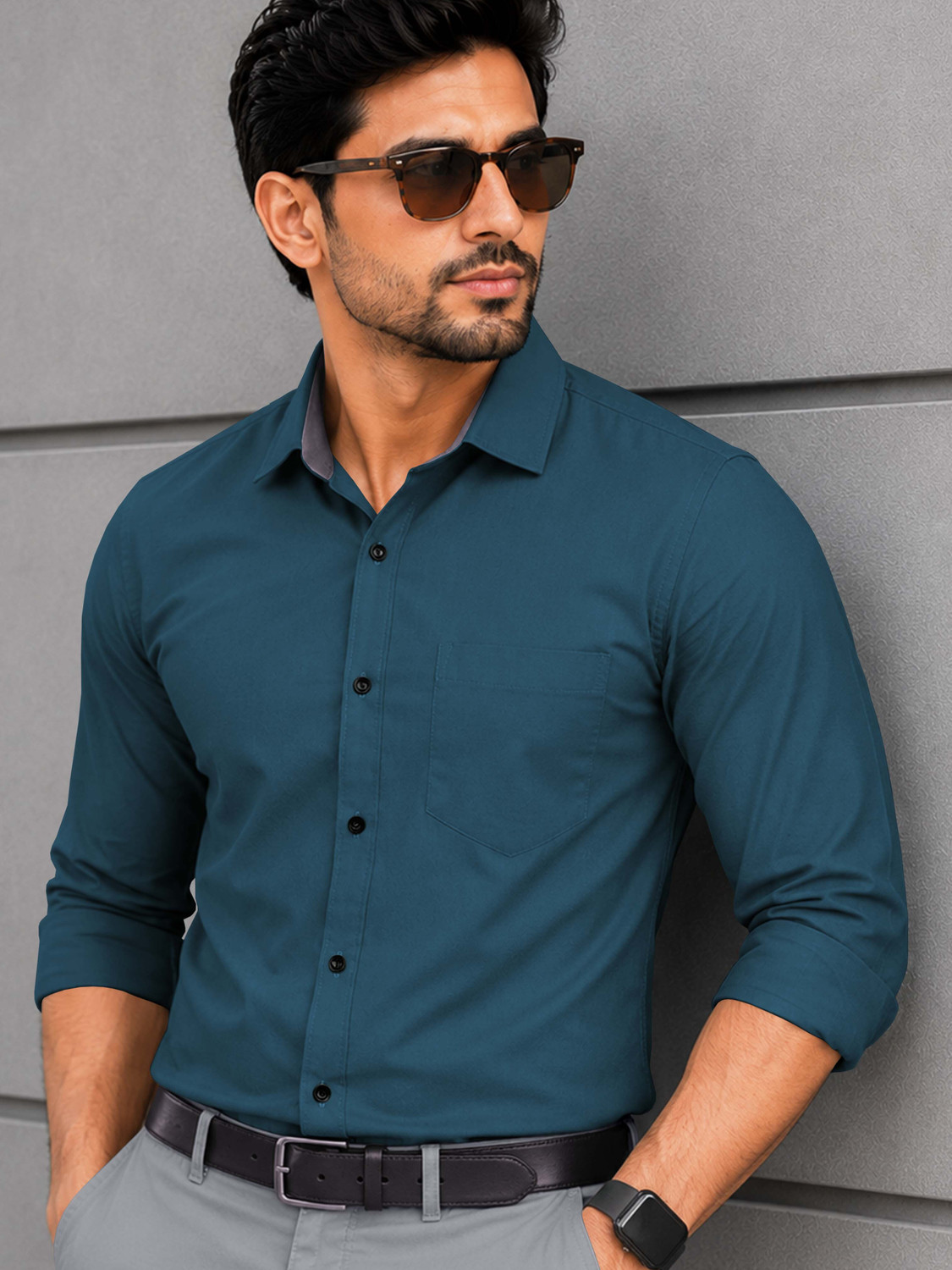 Image of VeBNoR Men Solid Casual Blue Shirt