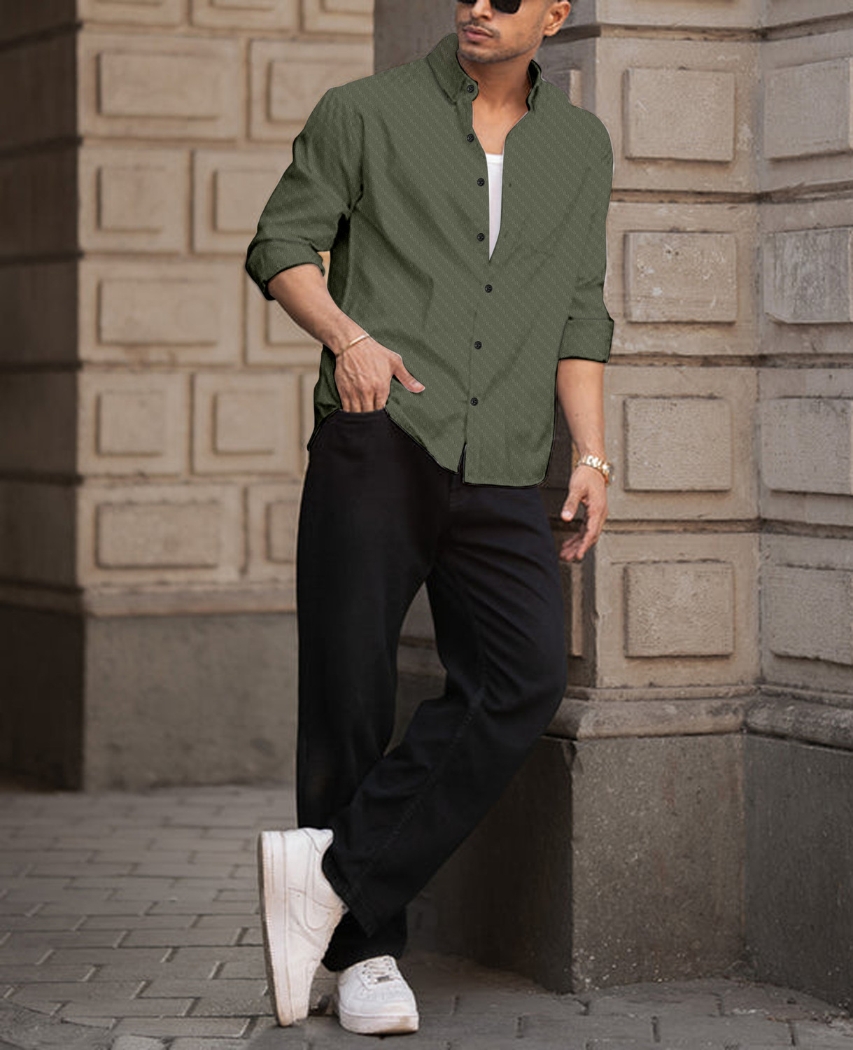 Image of Shubhlakshmi Men Self Design Casual Green Shirt