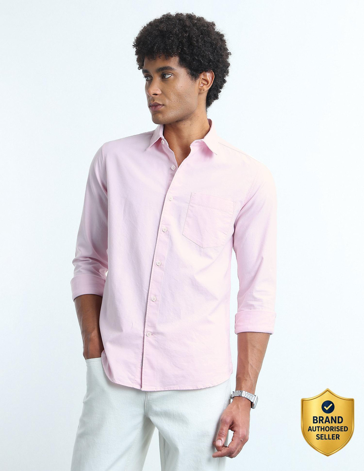 Image of FLYING MACHINE Men Solid Casual Pink Shirt