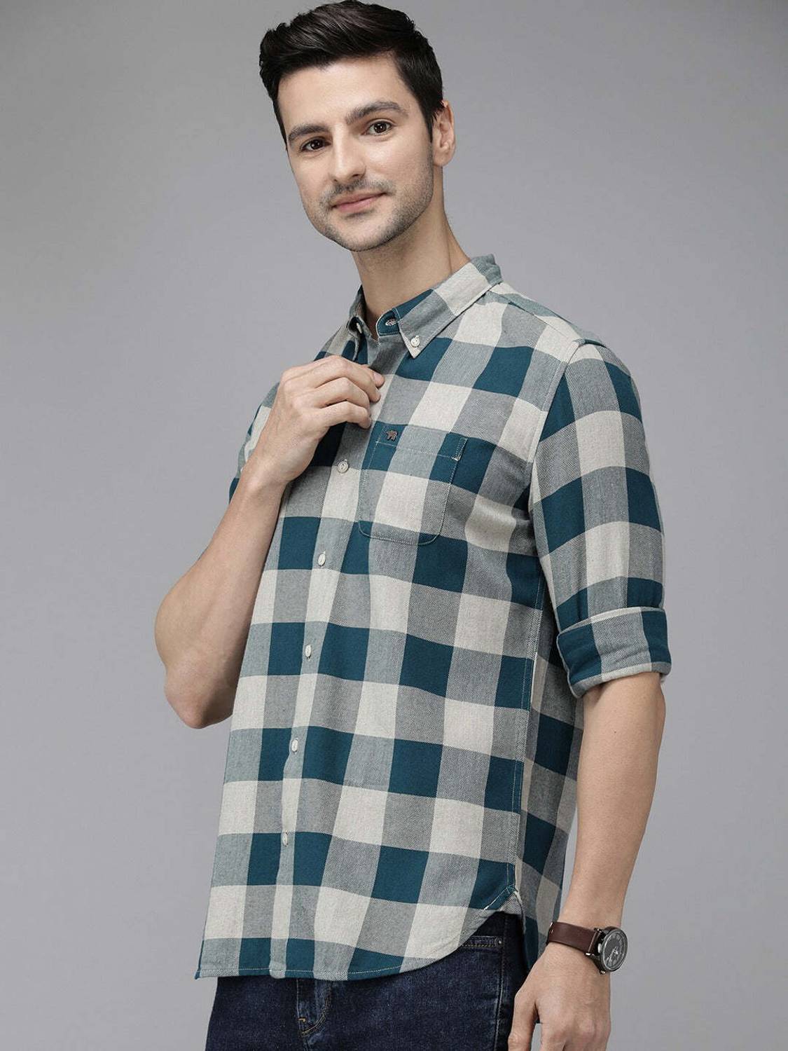 THE Men's Casual Dark Blue Checked Shirt - Image 1