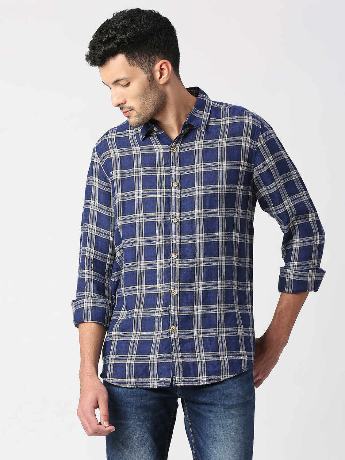 Image of Pepe Jeans Men Checkered Casual Blue Shirt