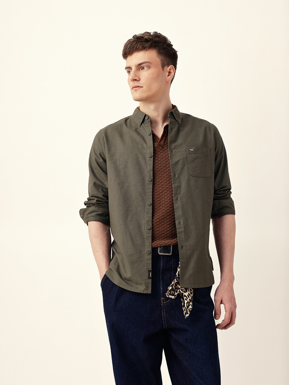 Image of THE BEAR HOUSE Men Solid Casual Green Shirt