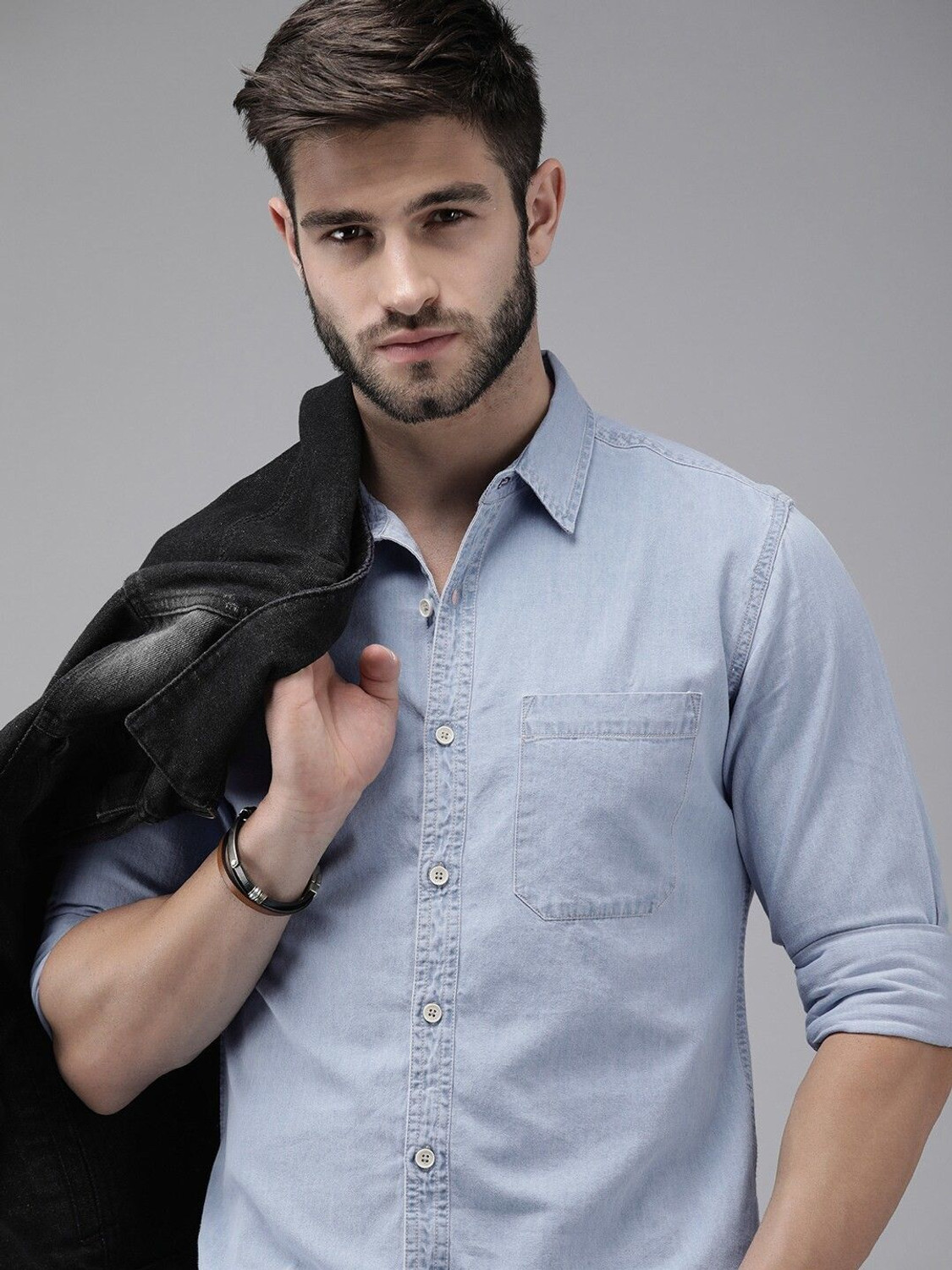 Image of Roadster Men Solid Casual Blue Shirt