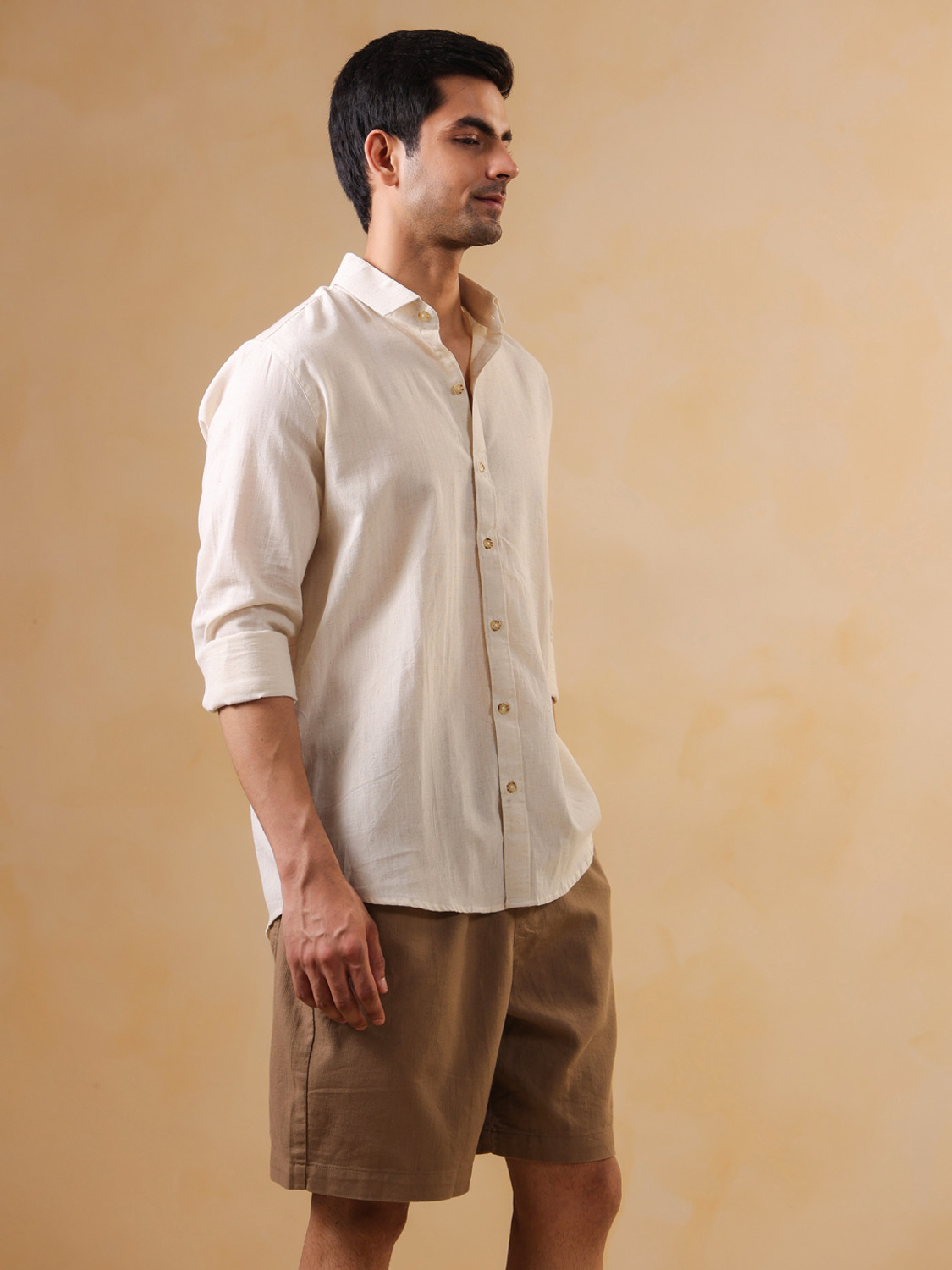 Image of TRULOOM Men Solid Casual Cream, White Shirt