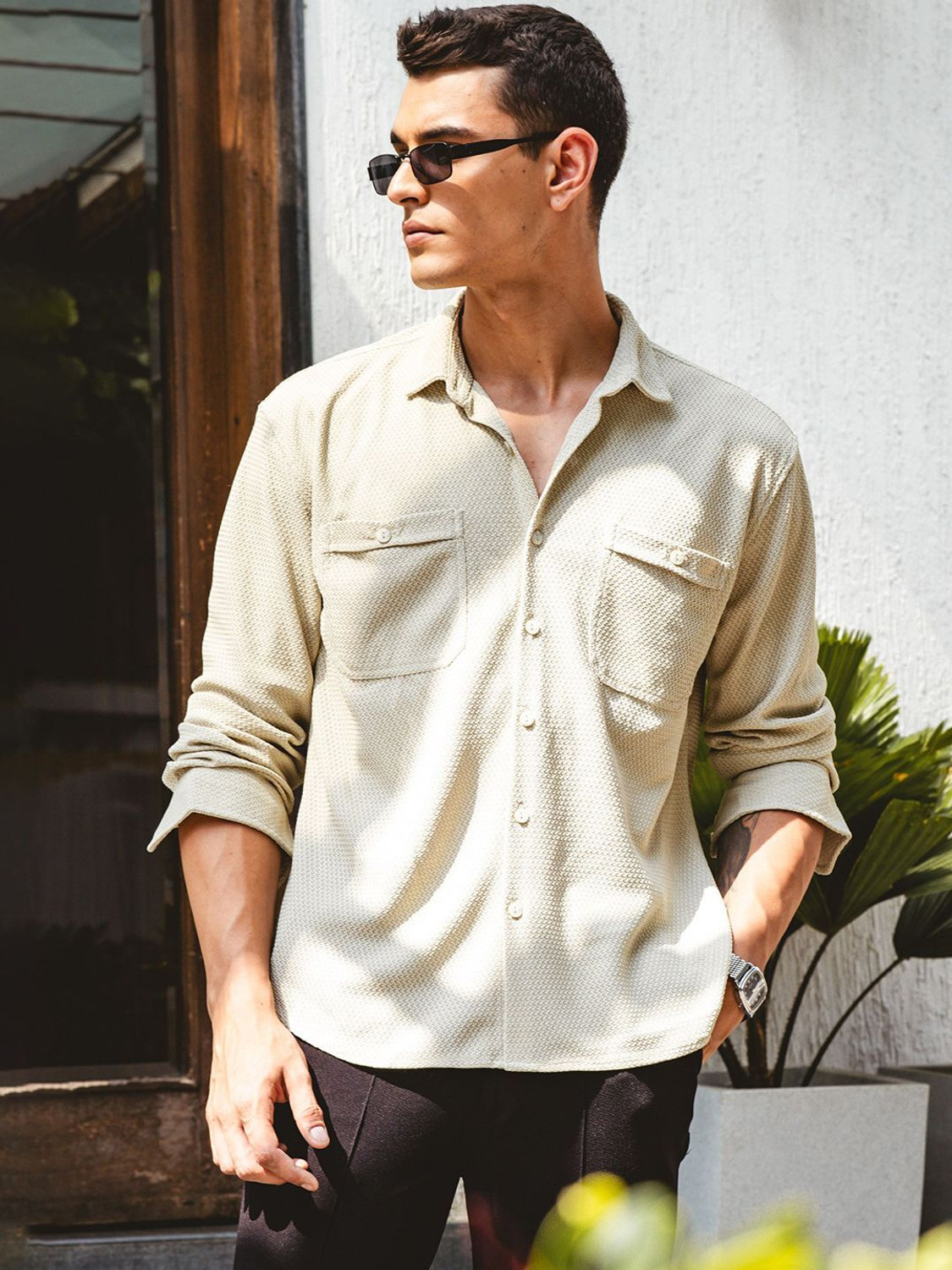 Image of HERE&NOW Men Washed Casual Green Shirt