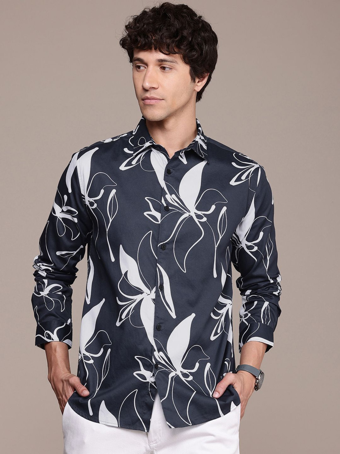 Image of French Connection Men Printed Casual Blue Shirt