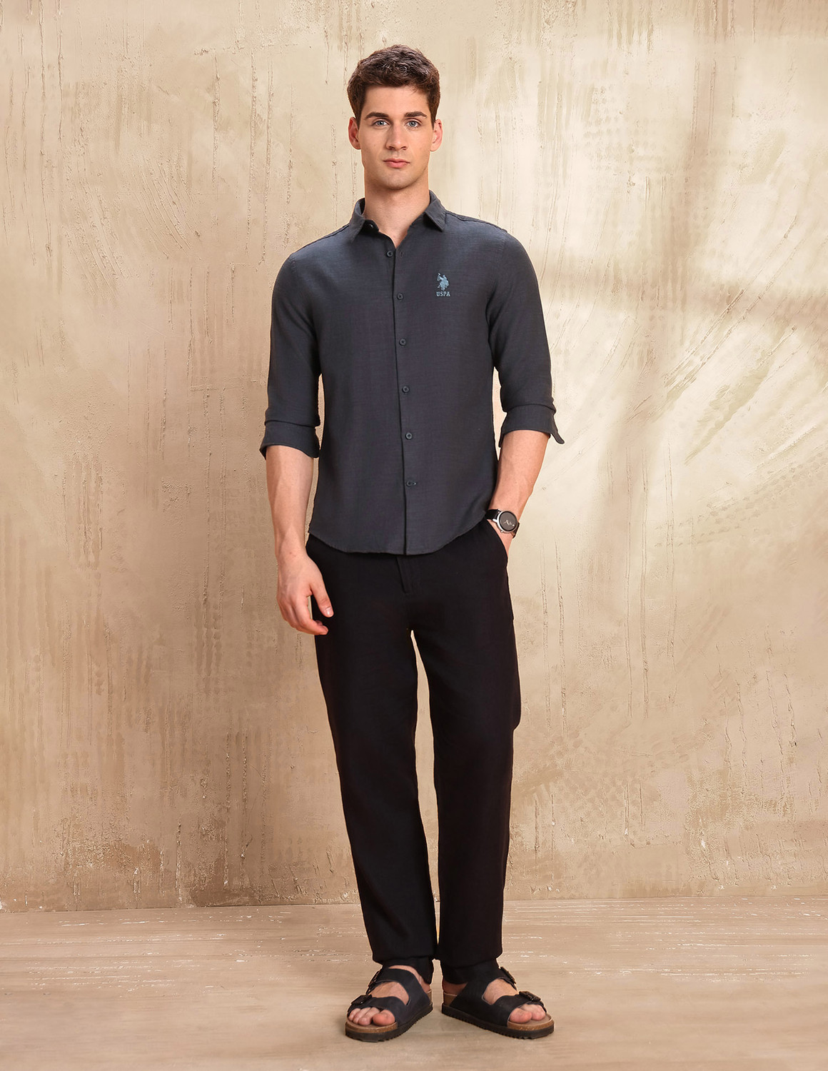 Image of U.S. Polo Assn. Denim Co. Men Self Design Casual Grey Shirt