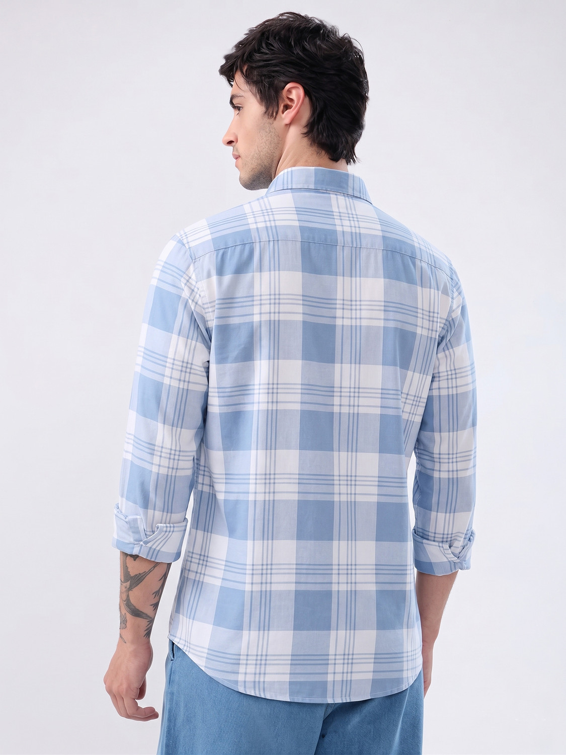 Image of S-LINE Men Checkered Casual Light Blue Shirt