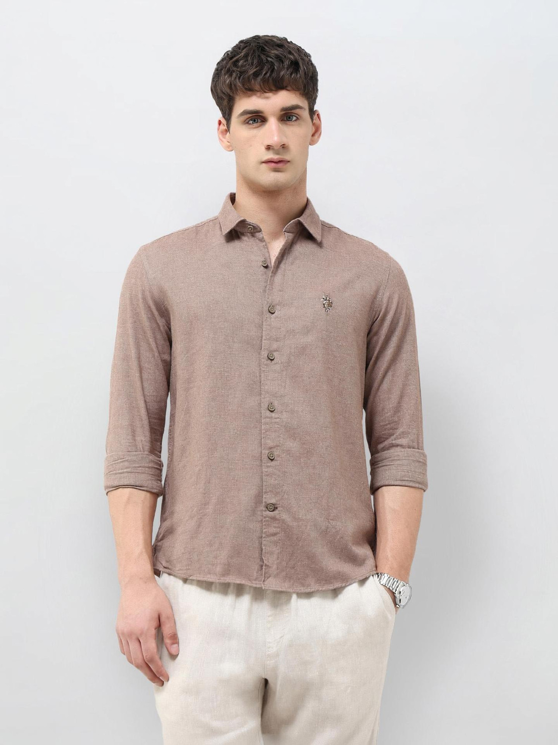 Image of U.S. Polo Assn. Denim Co. Men Solid Casual Brown Shirt