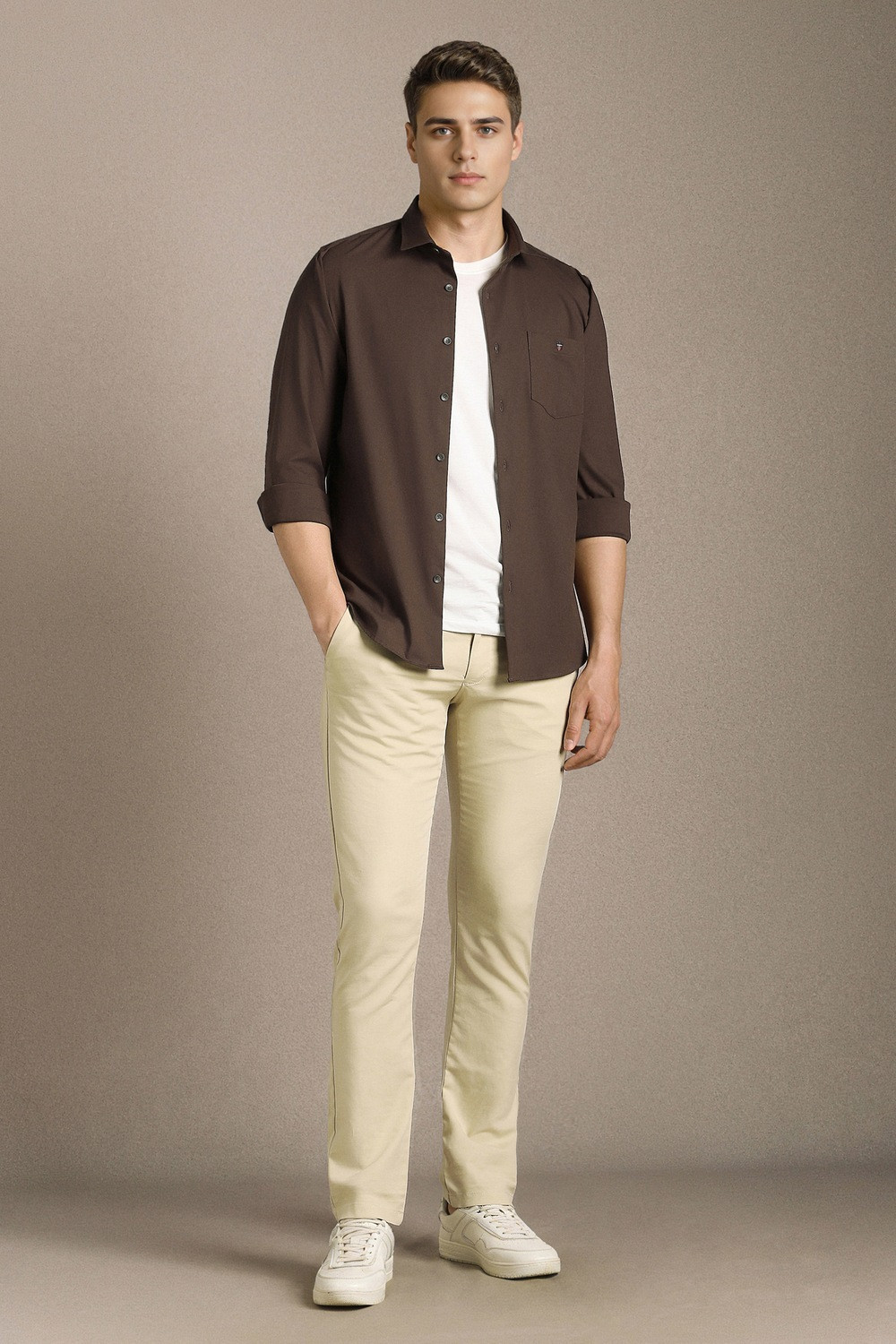 Image of LOUIS PHILIPPE Men Solid Casual Brown Shirt