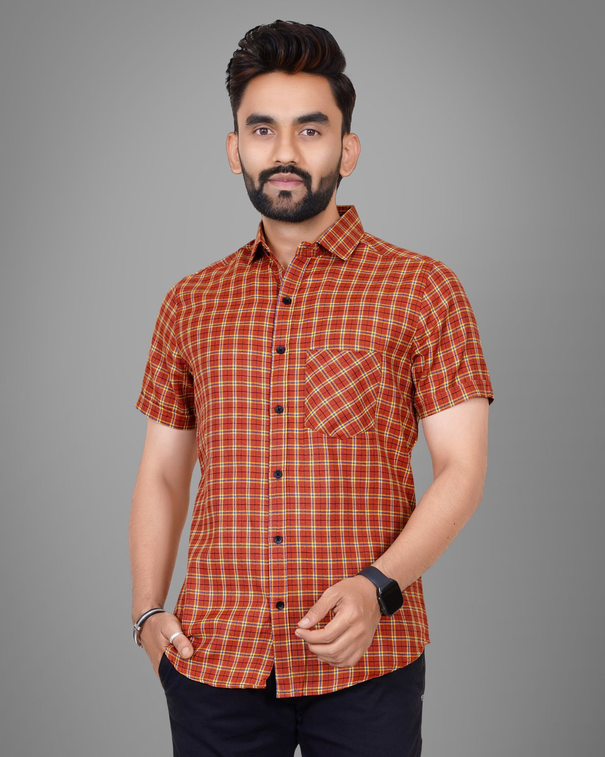 Image of Tyzlo Men Checkered Casual Orange Shirt