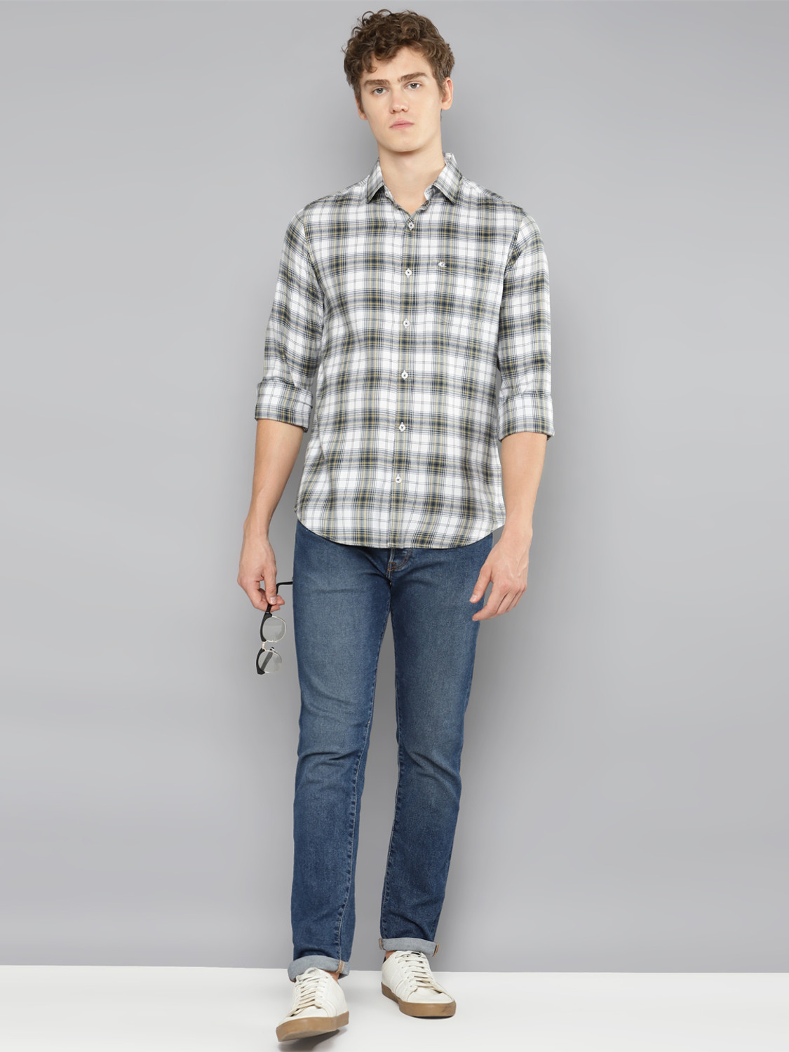 Image of Allen Cooper Men Checkered Casual Grey, White Shirt