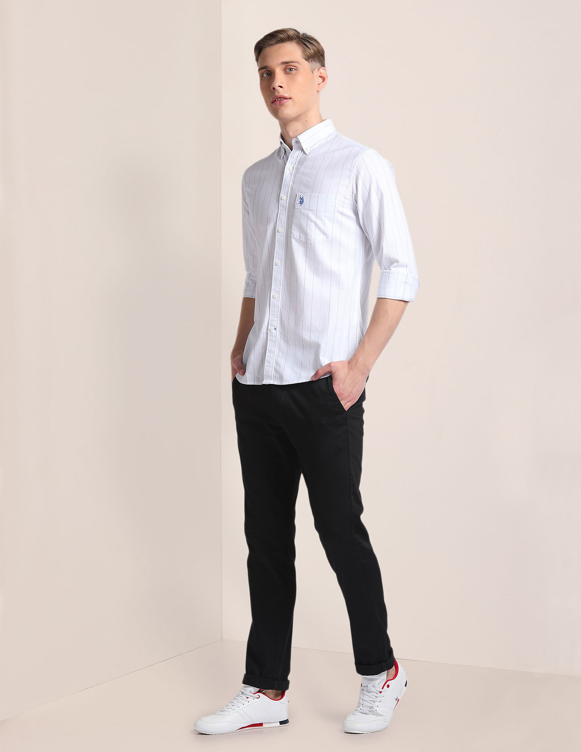 Image of U.S. POLO ASSN. Men Striped Casual White, Blue Shirt