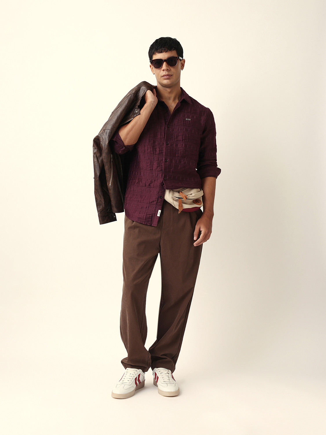 Image of THE BEAR HOUSE Men Self Design Casual Maroon Shirt