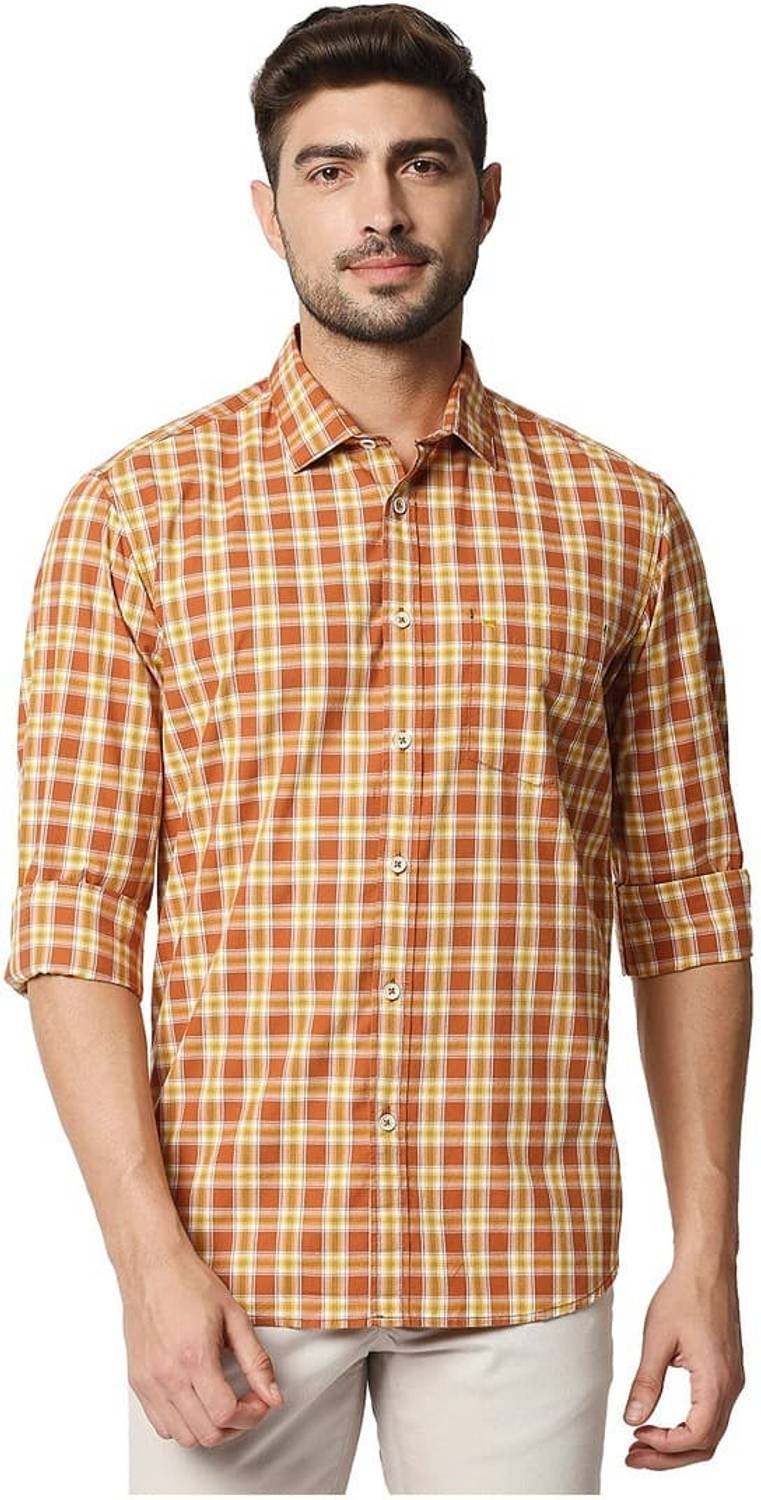 BASICS Men Checkered Casual Orange Shirt