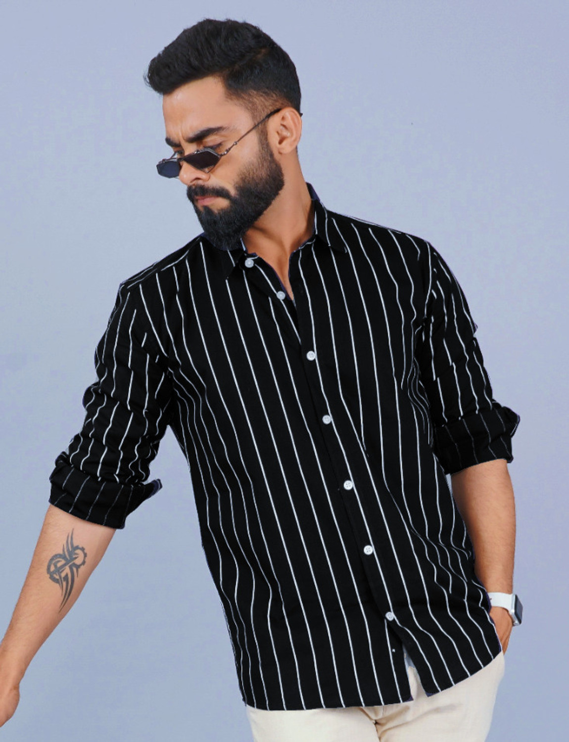 Image of HKV FASHION Men Striped Casual Black, White Shirt