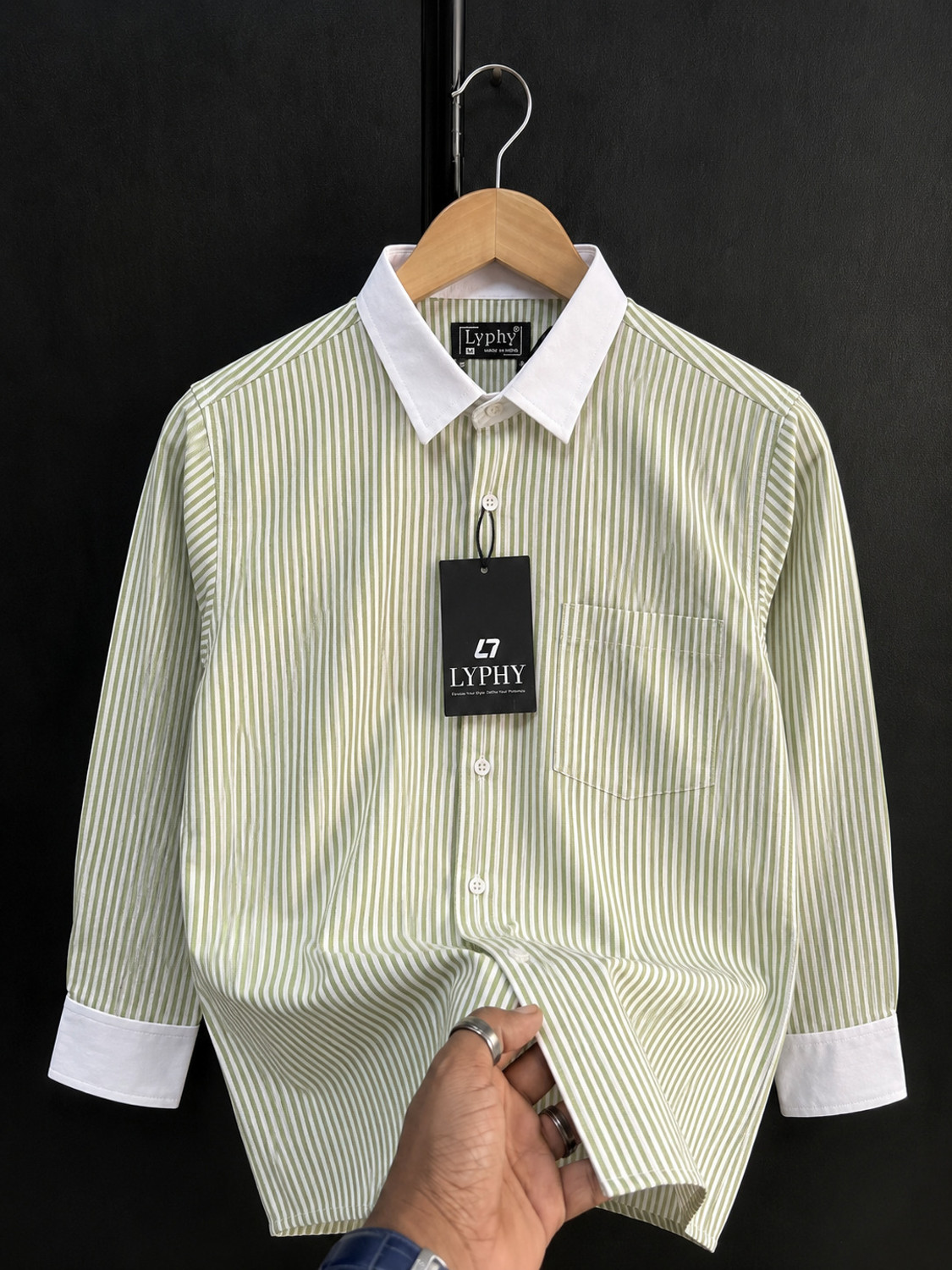 Image of Lyphy Men Striped Casual Light Green, White Shirt